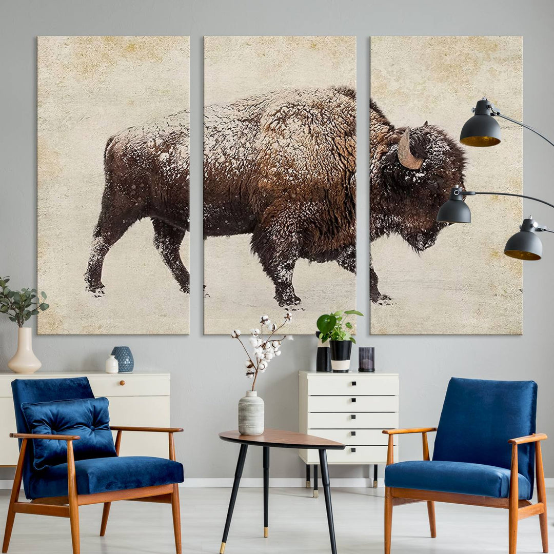 The "Buffalo Wall Art" canvas print, featuring a Western bison, hangs prominently, infusing the space with rustic cowboy and Western decor.