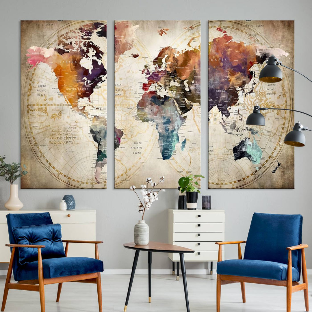 A World Map Wall Art Canvas Print featuring vibrant colors is crafted on museum-quality canvas, adding a touch of elegance to the room.