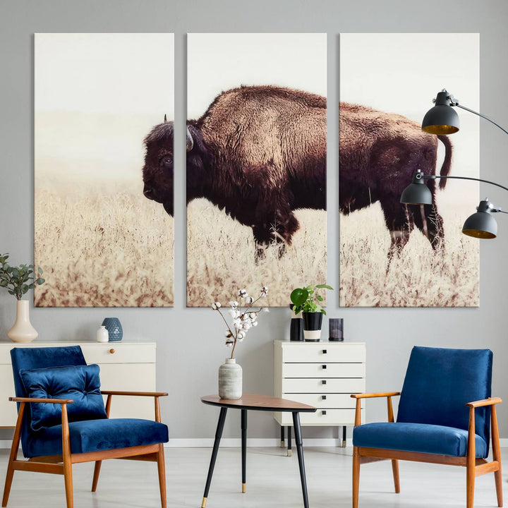 A stylish living room showcases the captivating "Bison in Field" Wall Art Canvas Print as farmhouse decor.