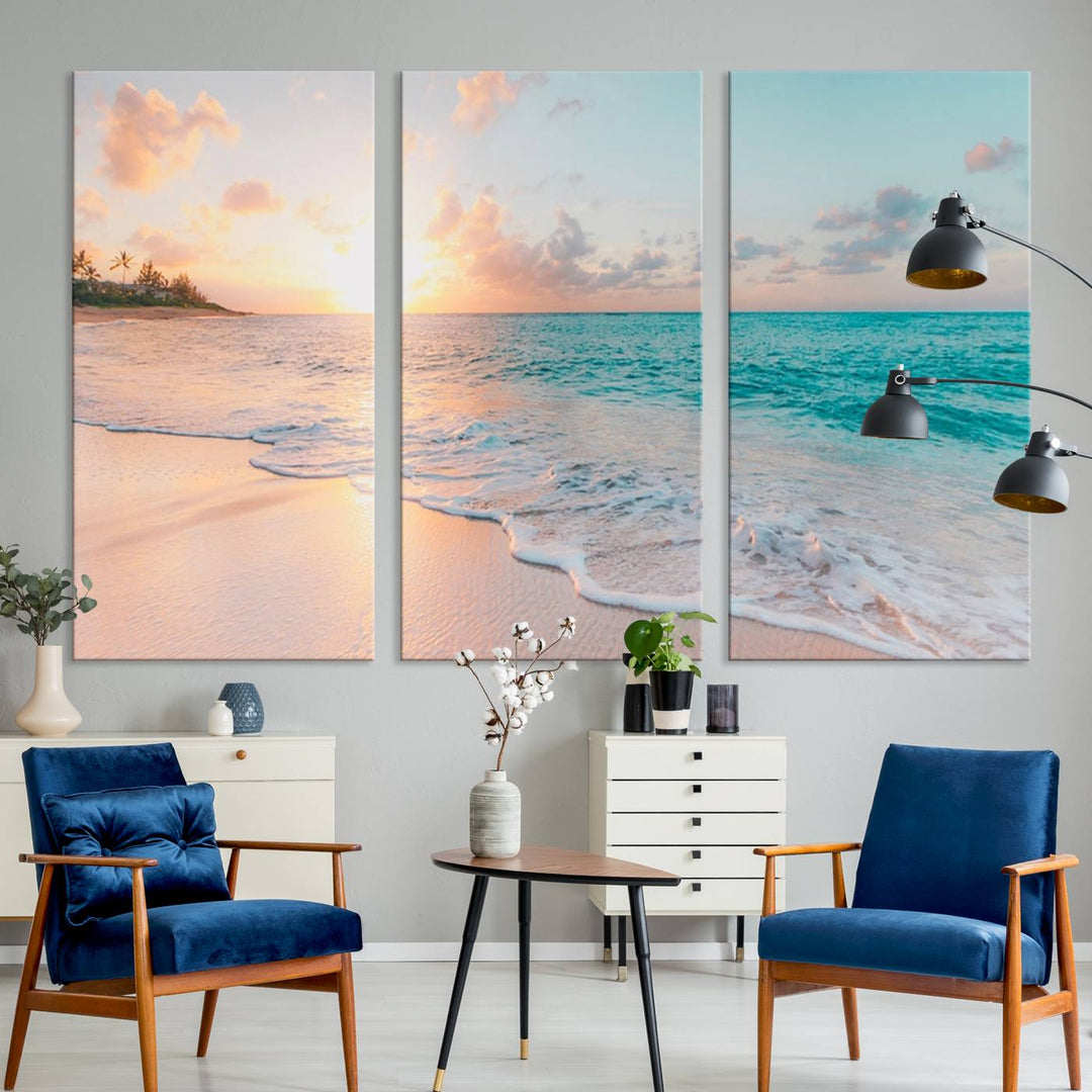 Beach Sunrise Wall Art, Coastal Seascape Canvas Print, Ocean Wave Multi-Panel Giclee, Coastal Sunset Beach Scene for Modern Decor