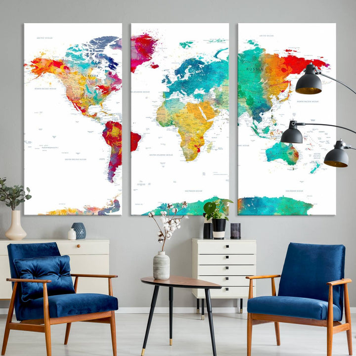 A stunning Colorful World Map Triptych Canvas Print, featuring a ready-to-hang framed design, adds vibrancy and modern flair to the space, effortlessly elevating the entire home décor.