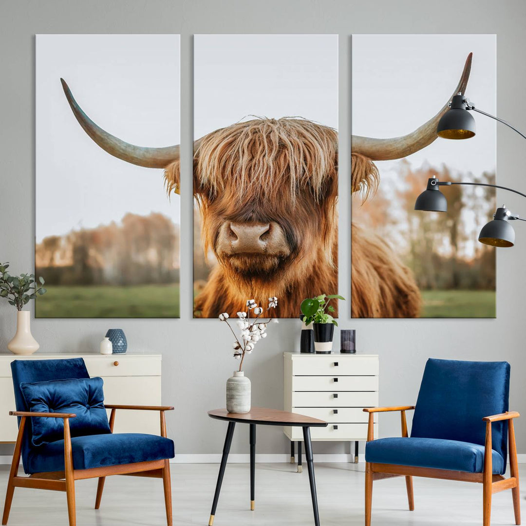 A Highland Cow Animal Scottish Cattle Art Print Farmhouse Wall Art Canvas Print hangs in the living room, adding a touch of rustic farmhouse decor.