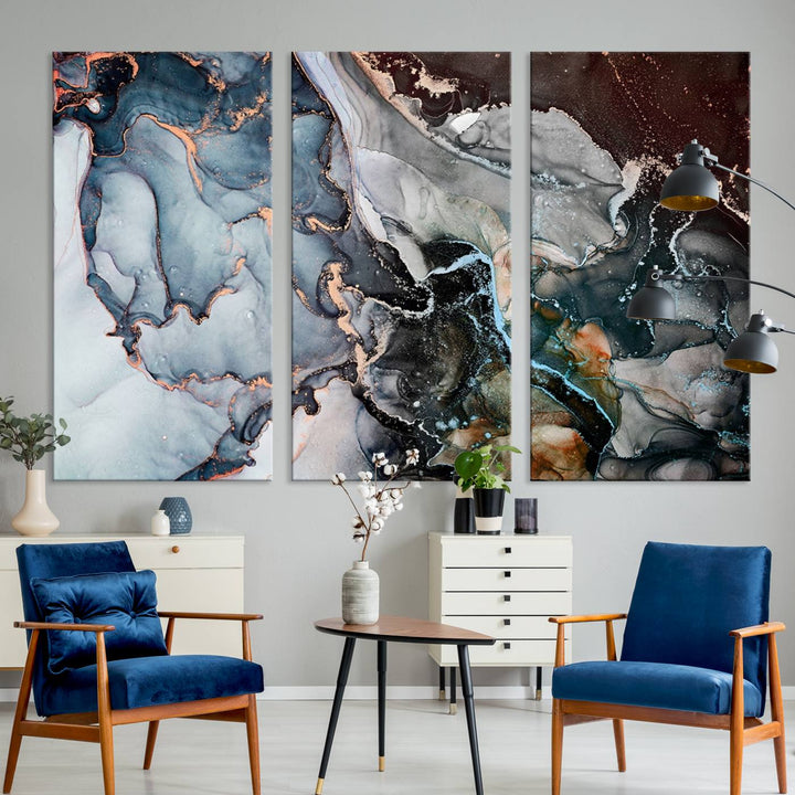 The Mix Color Large Abstract Marble Wall Art Canvas Print is printed on museum-quality canvas. It features a UV-protective coating and is ready to hang, adding elegance to the room.