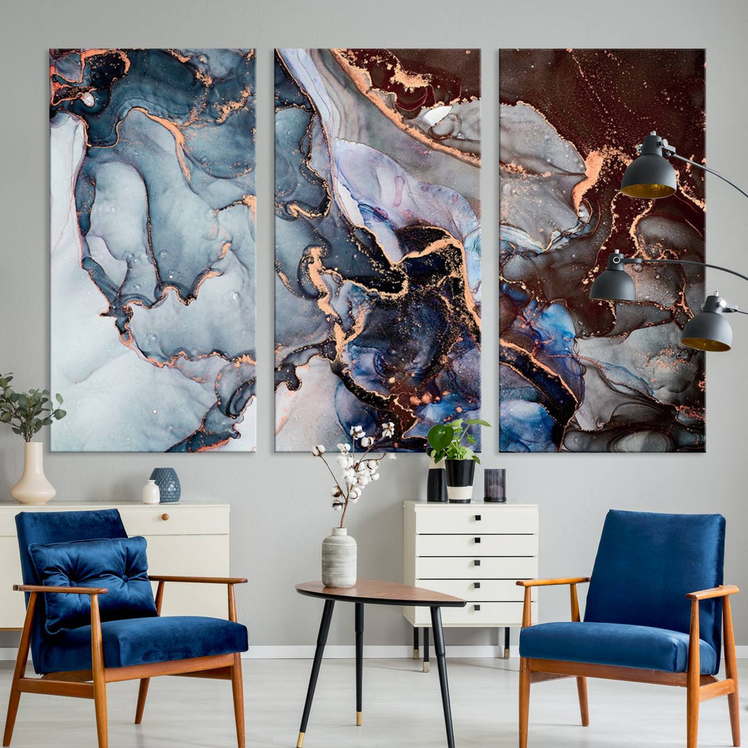 Brown Blue Abstract Marble Wall Art Canvas Print