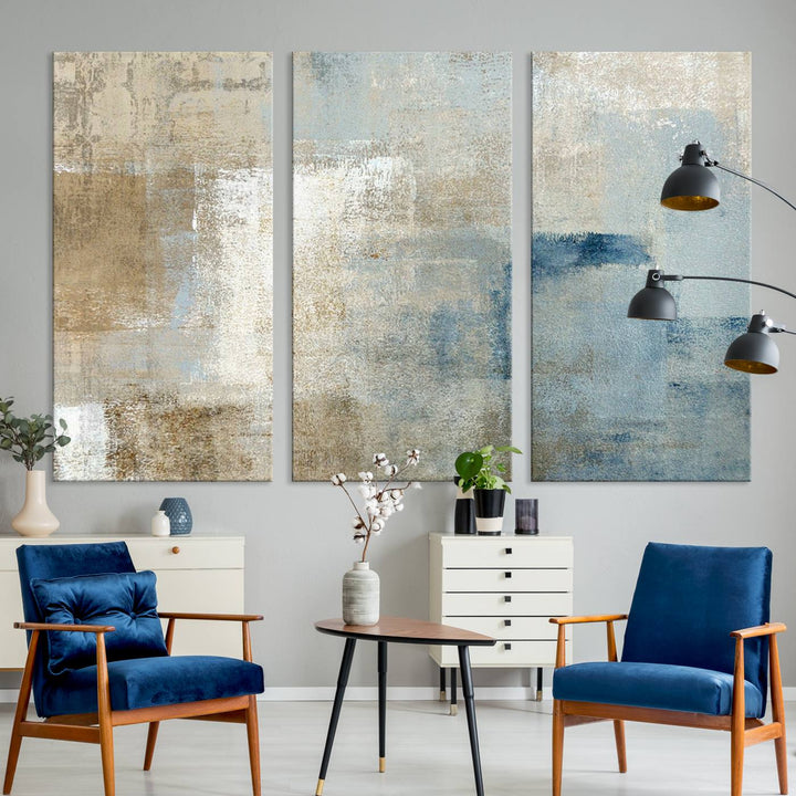 Abstract Blue and Beige Wall Art, Modern Minimalist Canvas Print Set, Giclee Textured Art, Large Multi-Panel Artwork for Living Room