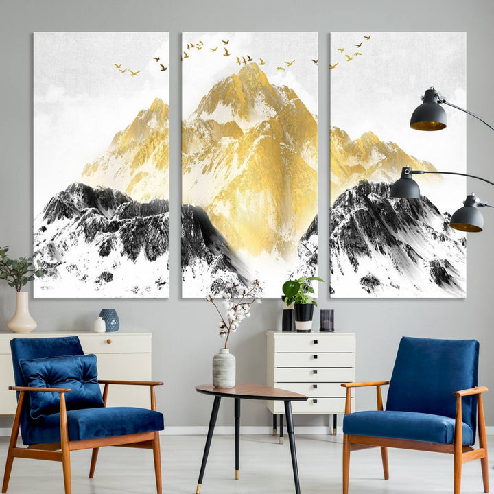 Golden Mountain Triptych Wall Art, Modern Giclee Canvas Print, Nature Landscape Decor for Living Room, Contemporary Gold and Black Wall Art