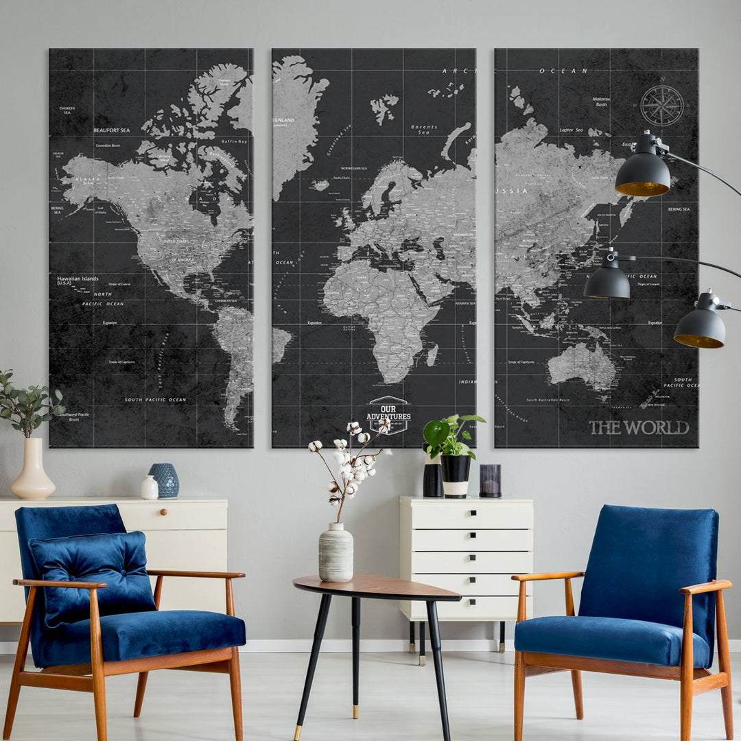 The living room features the World Map Canvas Wall Art – Vintage Black and White Triptych – Framed and Ready to Hang Modern Global Decor on the wall.