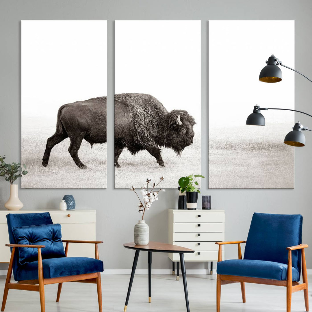 American Bison in Grasslands Triptych Canvas Wall Art – Western-Inspired Nature Decor for Home or Office