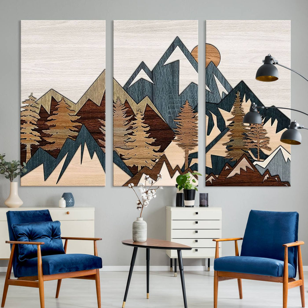 Woodland Mountain Landscape Triptych, Giclee Canvas Art for Modern Home, Rustic Wooden Nature Wall Art, Large Mountain and Tree Canvas for Living Room