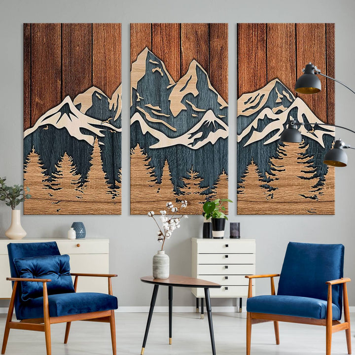 Rustic Wood Style Mountain Wall Art, Nature Forest Canvas Print, Wooden Textured Mountain Artwork, Handcrafted Landscape Decor for Farmhouse Decor