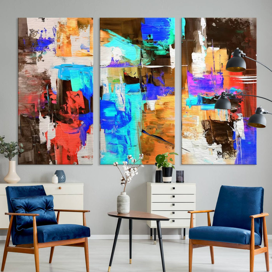 In a modern living room, the "Colorful Abstract Wall Art Canvas Print" serves as a stunning triptych centerpiece on museum-quality canvas, ready to hang. Its UV-protective coating ensures enduring vibrancy.