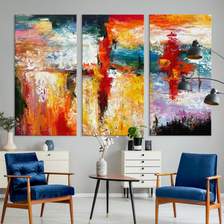 A Colorful Abstract Wall Art Canvas Print graces the wall, making this ready-to-hang masterpiece, complete with UV-protective coating, perfect for elevating any space with its vibrant allure.