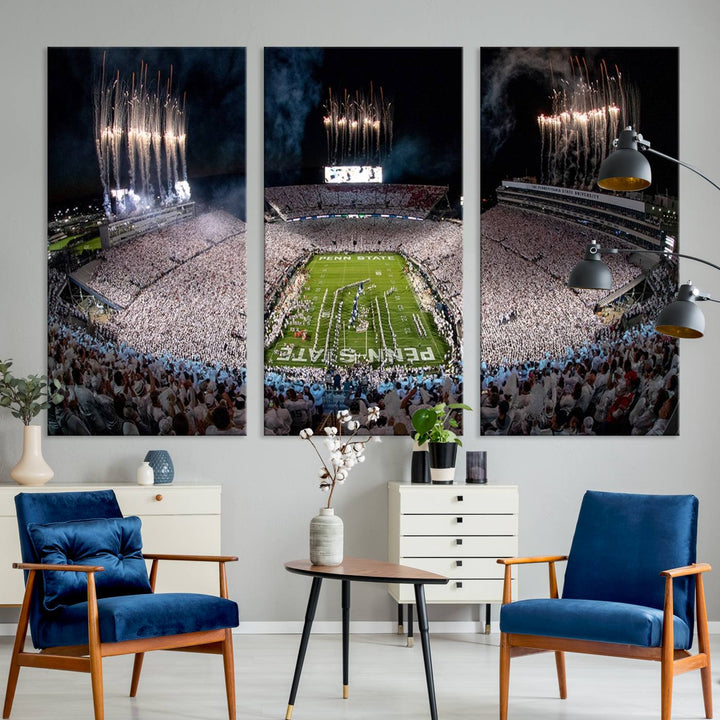 The Penn Stadium Football Wall Art Canvas Print showcases the lively ambiance of a bustling Pennsylvania University football stadium illuminated by fireworks.