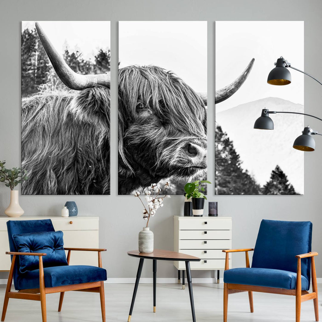 The Scottish Longhorn Wall Art Canvas Print features a highland cow with long horns and shaggy hair displayed on a museum-quality canvas. Equipped with a UV-protective coating for durability, it's ready to hang and enjoy for years to come.