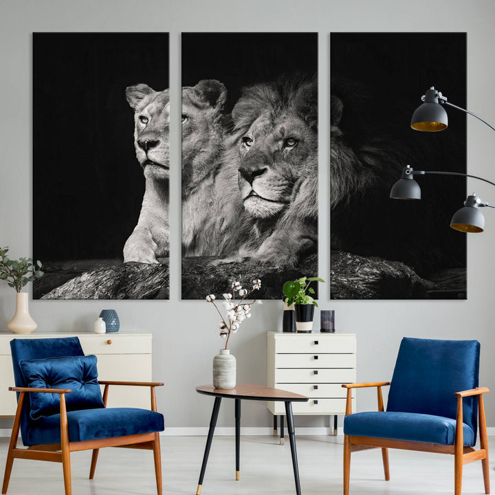 The elegant wildlife portrait, "Lion Couple Canvas Wall Art Print," featuring a black and white depiction of a lion family, majestically decorates the living room wall.