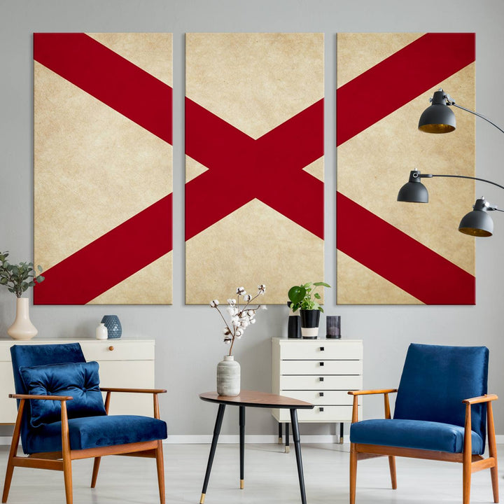 The USA Alabama States Flag Wall Art, featuring a red diagonal cross on a cream background, is elegantly displayed on museum-quality canvas with a UV-protective coating.