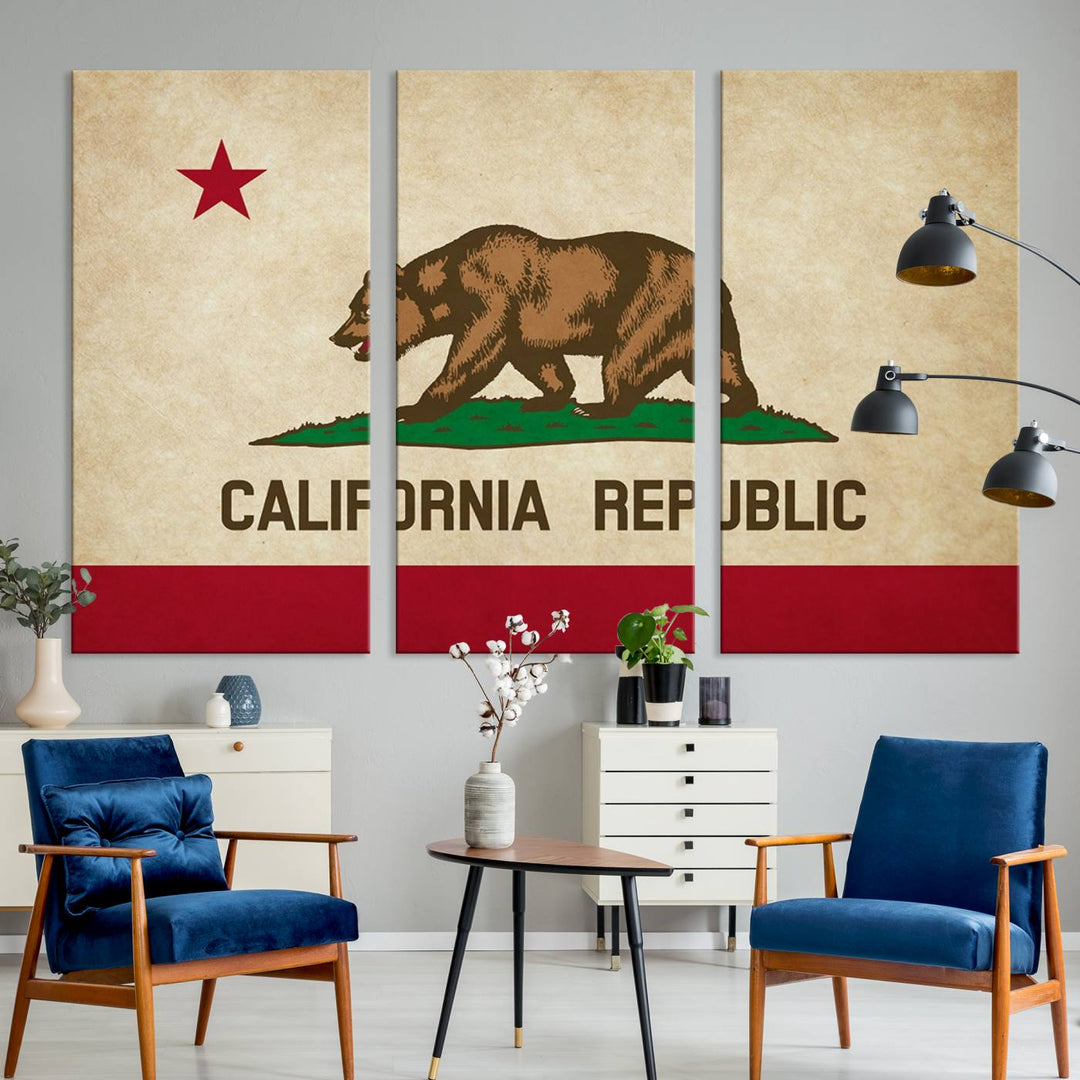 The Calinia States Flag Wall Art Canvas Print, featuring a bear and star design reminiscent of the California Republic flag, is crafted on museum-quality polycotton canvas with a UV-protective coating and is proudly made in the USA.