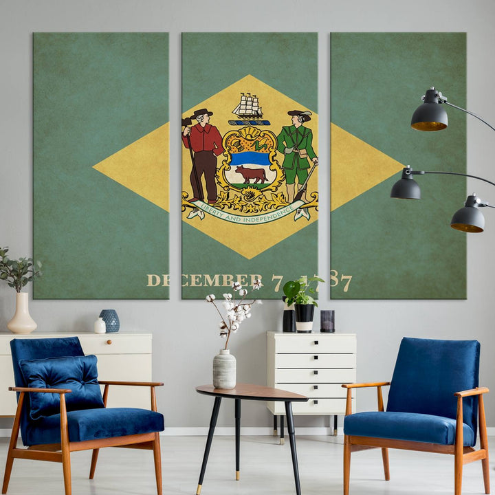 The Delaware States Flag Wall Art Canvas Print, featuring museum-quality material and a UV-protective coating, hangs elegantly, ready to be admired.