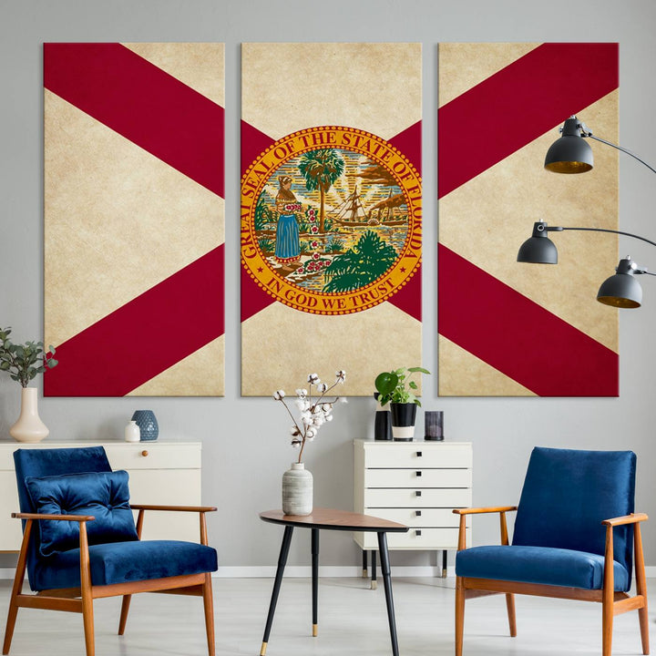 A Florida States Flag Wall Art Canvas Print, featuring a UV-protective coating for museum-quality preservation, is displayed.