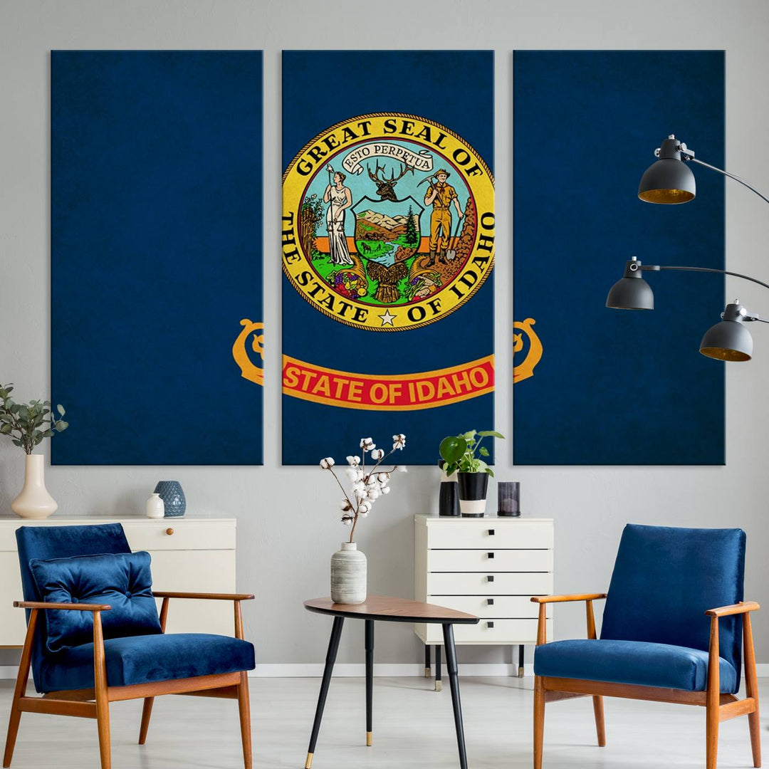 The Idaho USA States Flag Wall Art Canvas Print, featuring a UV-protective coating for lasting vibrancy, is ready to hang.