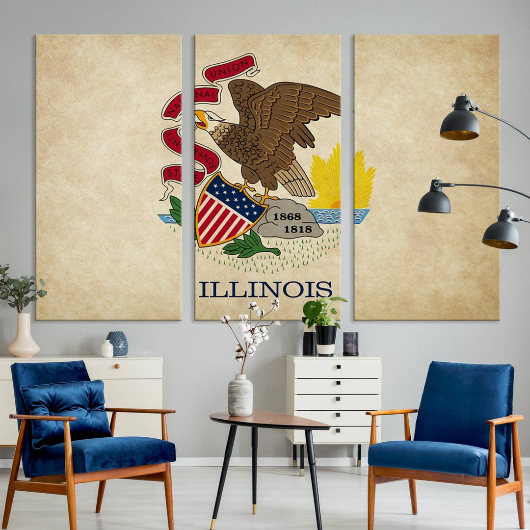 The Illinois State Flag Wall Art Canvas Print, crafted on museum-quality canvas with a UV-protective coating, is displayed prominently.