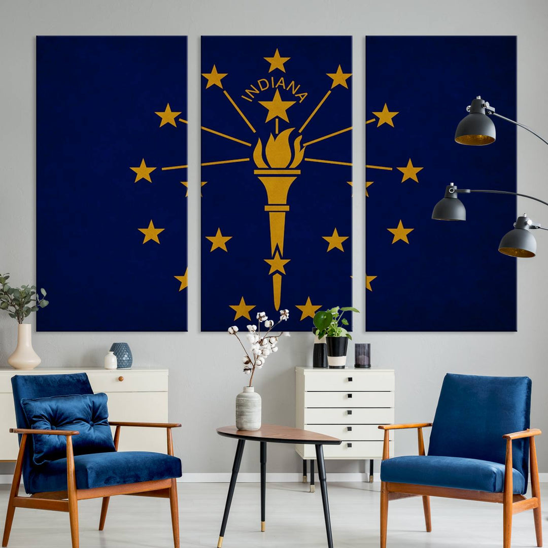 The Indiana States Flag Wall Art Canvas Print, featuring museum-quality canvas with a UV-protective coating, adorns the wall and brings an elegant and charming touch to your living space. Ready to hang, this piece becomes a standout feature in any room.