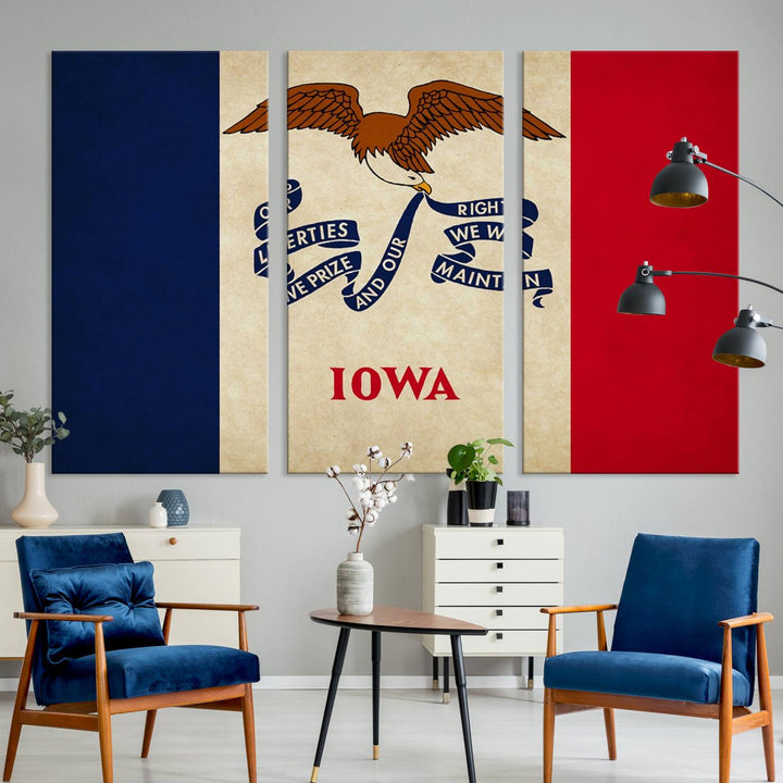 A beautiful Iowa States Flag Wall Art enhances the area, made on museum-quality canvas and boasting a gallery-wrapped design for enduring elegance.