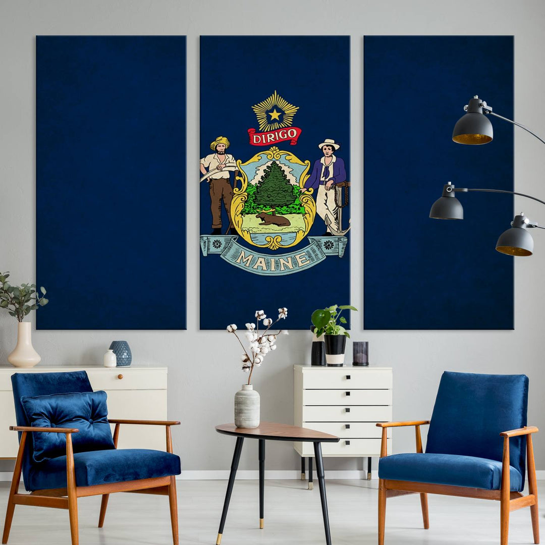 The "Maine States Flag Wall Art" is elegantly presented on museum-quality canvas with a gallery wrap for a sophisticated touch. A UV-protective coating safeguards its vibrant colors, ensuring its timeless beauty.