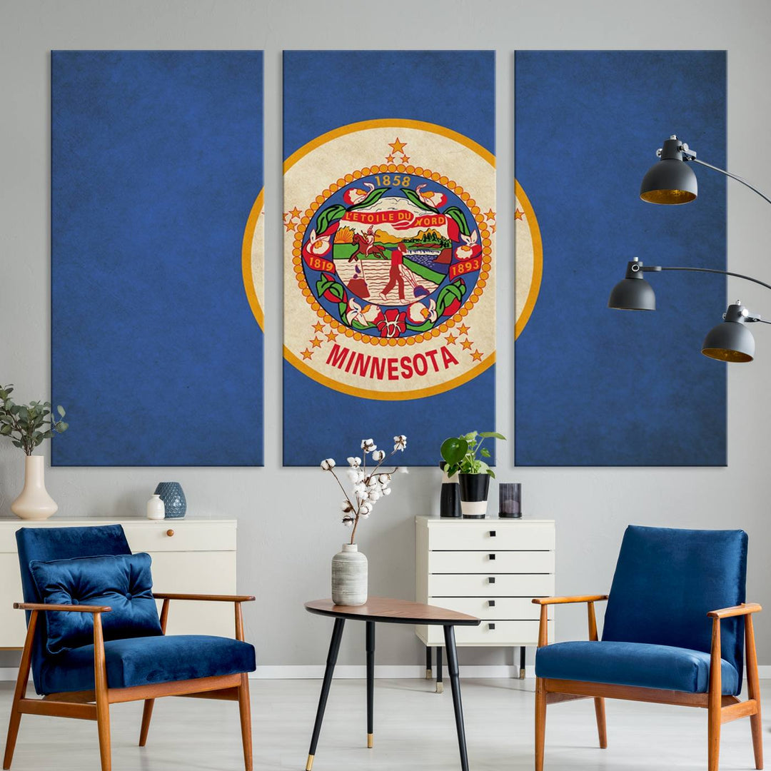 Three Minnesota States Flag Wall Art Canvas Prints, crafted on museum-quality canvas, are displayed in a modern room.