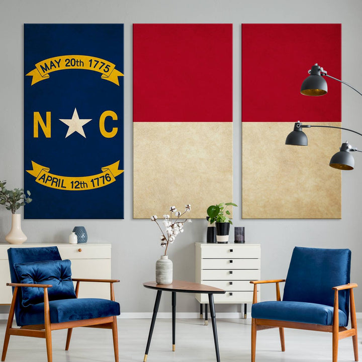 A museum-quality North Carolina State Flag Wall Art Canvas Print graces the wall, adding charm and character to any living space. Enjoy free shipping on this timeless piece.