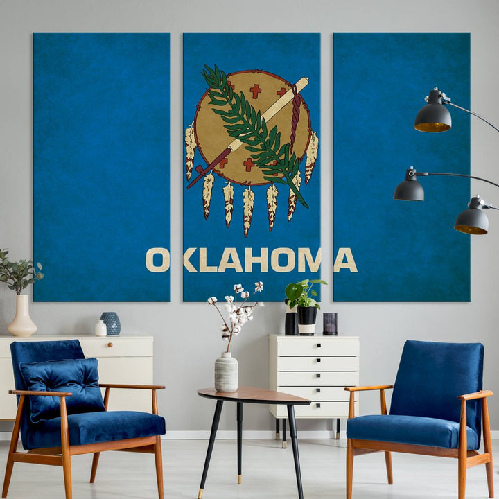 An Oklahoma States Flag Wall Art Canvas Print is displayed; this gallery-wrapped art piece is made on museum-quality canvas with a UV-protective coating to maintain its vibrant colors.