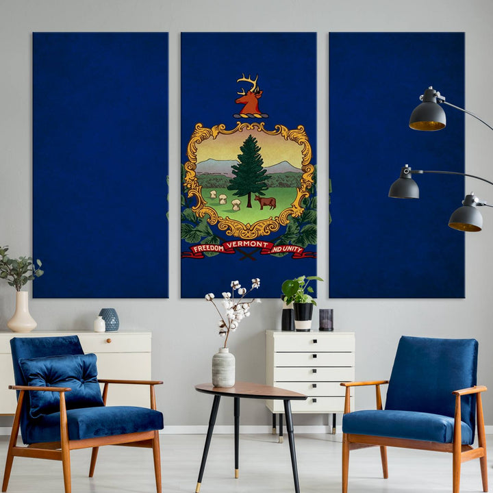 The Vermont Flag Wall Art Canvas Print is a museum-quality piece enhanced with UV-protective finishes, offering both style and durability. Enjoy free shipping on this classic decor addition.