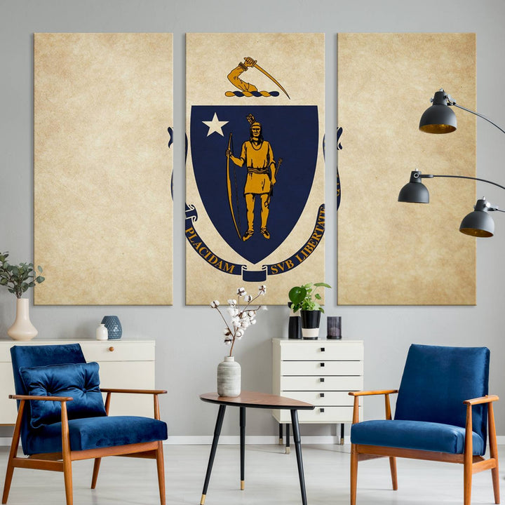 The Massachusetts State of Flag Wall Art Canvas Print, handcrafted on a museum-quality canvas with UV-protective coating, decorates the wall. It is ready to hang and adds a touch of elegance to the space.