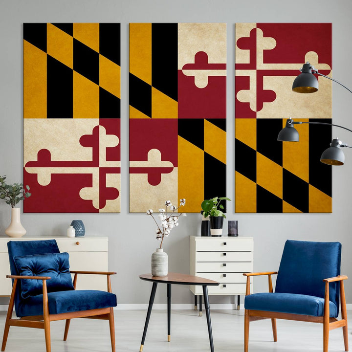 The Maryland Flag Wall Art Canvas Print, boasting a UV-protective coating for vibrant colors and durability, is a museum-quality piece offered with free shipping, making it the perfect addition to your space.