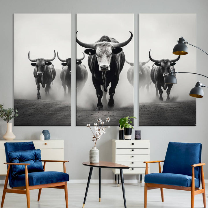 The Texas Longhorn Cow Animal Wall Art Canvas Print beautifully embellishes the area with its depiction of longhorn cattle in a misty setting, seamlessly integrating Western decor into the space.