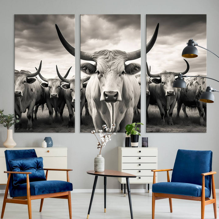 A Texas Longhorn Cow Animal Wall Art Canvas Print introduces a Western-themed accent.