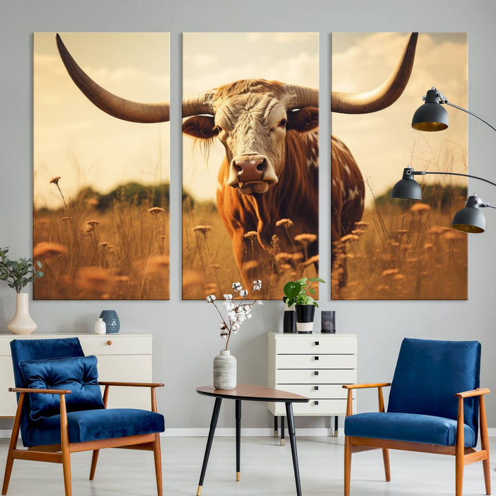 Cow Bighorn Wall Art Canvas Print, Longhorn Texas Cow Animal Canvas Print