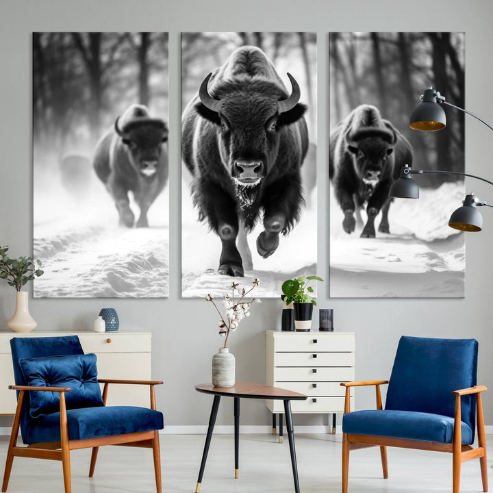 Transform your living room with the Buffalo Wall Art Canvas Print triptych, showcasing a bison family in motion across a snowy landscape. This striking Western decor piece becomes the focal point of any room.