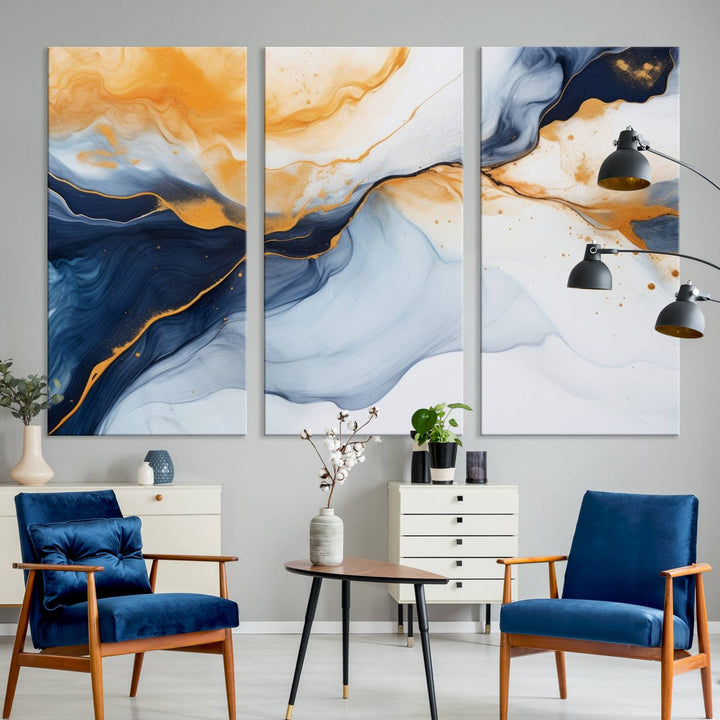 Modern living room featuring the 'Extra Large Orange Navy Blue Abstract Wall Art Canvas Print.'