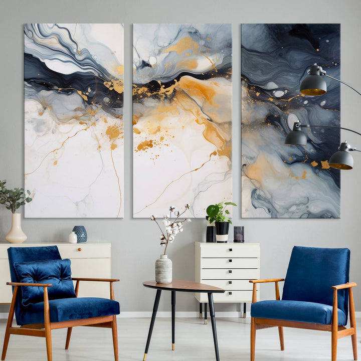 The Dark Blue and Orange Abstract Wall Art, featuring museum-quality canvas with captivating dark and golden swirls, is ready to hang and boasts a UV-protective coating to ensure enduring vibrancy and sophistication.