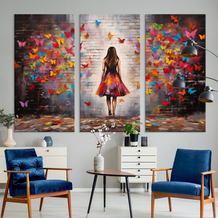 A vibrant artwork titled "Graffiti Wall Art Canvas Print Girl Butterfly Graffiti Abstract Canvas Print" is displayed above the couch. This gallery-wrapped masterpiece, printed on museum-quality canvas, features a UV-protective coating to preserve its vivid beauty.