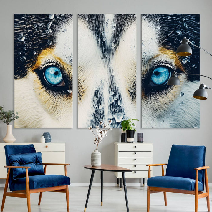 The captivating "Winter Siberian Husky Wolf EYE Wall Art Canvas Print" showcases the striking blue eyes of the animal portrait.