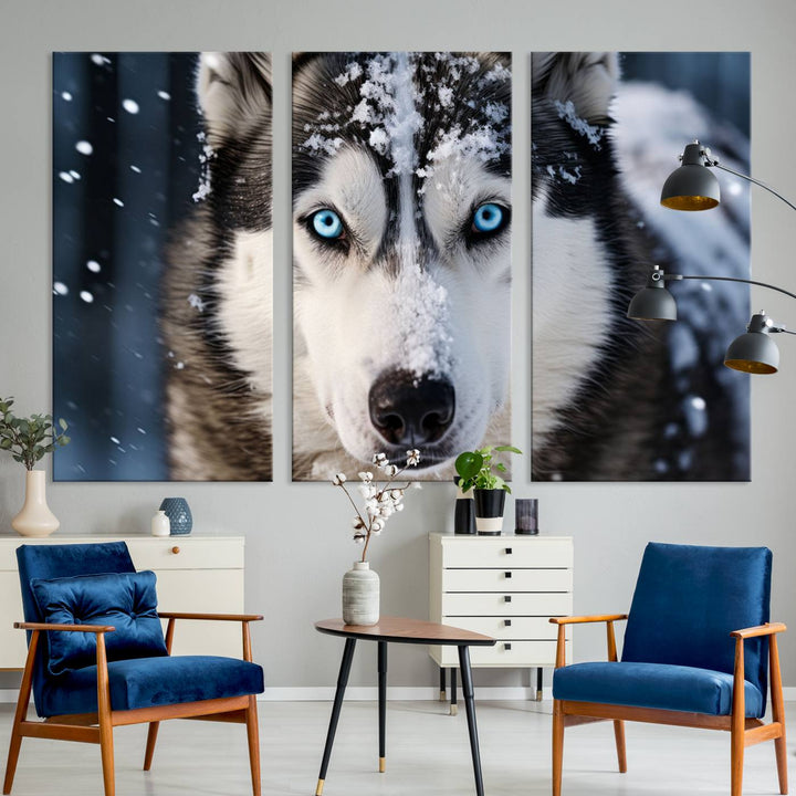 A digital art piece titled "Winter Siberian Husky Wolf Wall Art Canvas Print" showcases a blue-eyed husky blanketed in snow. Printed on high-quality canvas, it is an ideal choice for nature and dog enthusiasts.