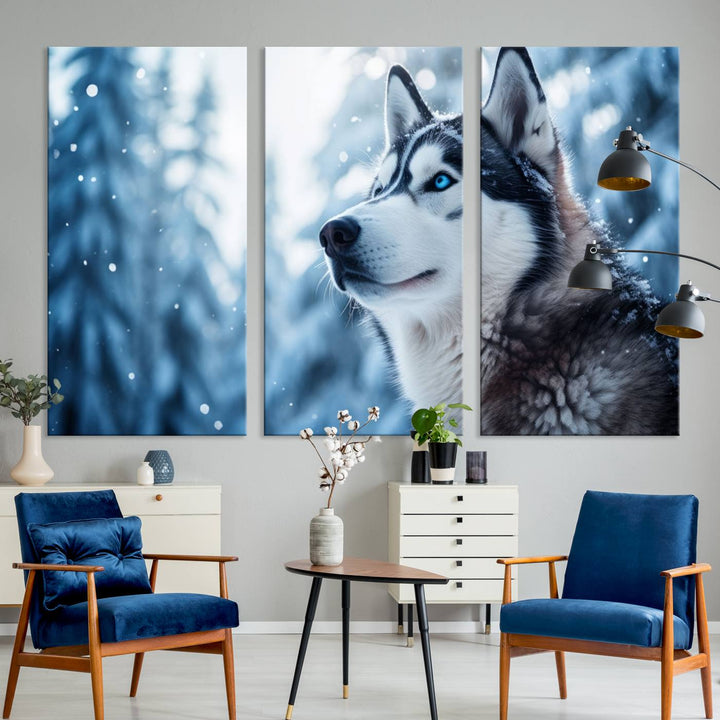 The "Winter Siberian Husky Wolf Wall Art Canvas Print" is elegantly displayed, enhancing the room's cozy ambiance in a snowy forest setting.