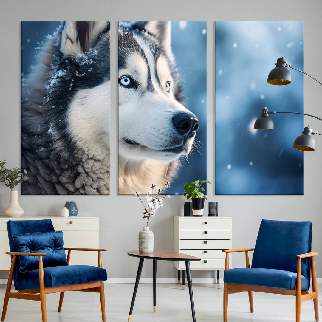 The space above the sofa features the Winter Siberian Husky Wolf Wall Art Canvas Print, creating a stunning snowy scene.