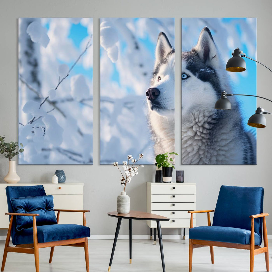 The Siberian Husky Art Canvas elegantly enhances the room.