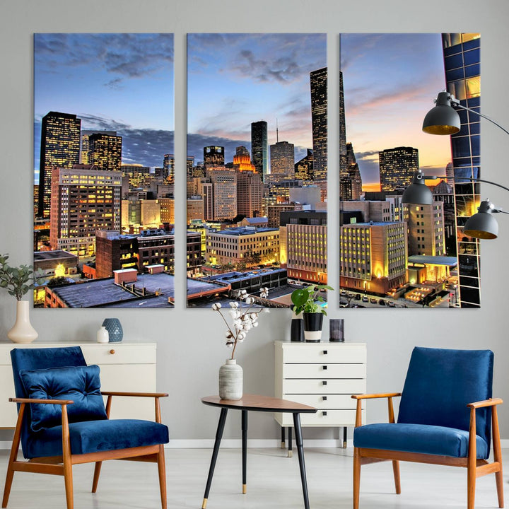 The modern living room features the Houston Wall Art Canvas Print on the wall. This professional craftsman framed masterpiece depicts a cityscape and is created with museum-quality polycotton canvas, ensuring a polished look that enhances its elegant charm.