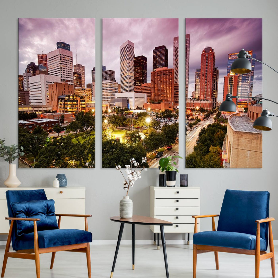 The Houston Wall Art Canvas Print in the living room displays a vibrant city skyline at twilight on museum-quality canvas with UV-protective coating.