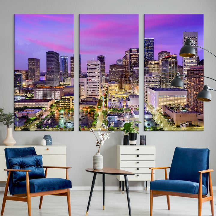 Houston Wall Art Canvas Print showcasing a vibrant cityscape at dusk on museum-quality canvas, expertly crafted by professional craftsmen.