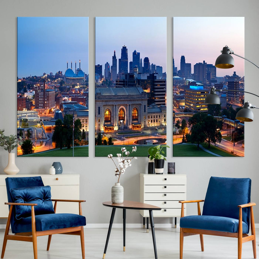 The Kansas City Skyline Canvas Wall Art Print hangs above, showcasing an iconic dusk cityscape with a historic building in the foreground, exuding urban sophistication.